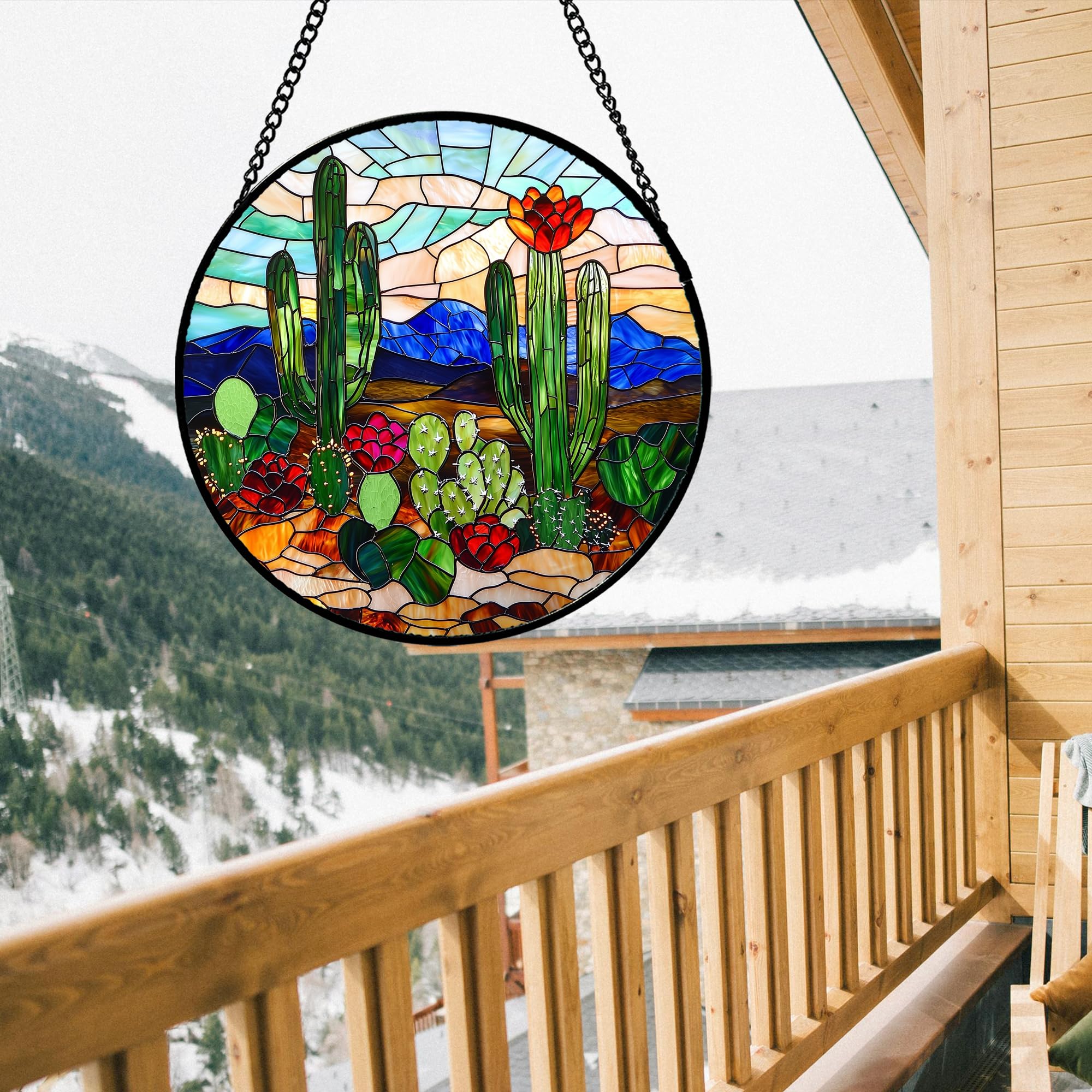 DASTOLL Stained Glass Window Hanging, Green Cactus Suncatcher for Doors Window Home Plant Landscape Sun Catchers Decoration Mother's Day Birthday Gifts for Women, Men, and Mom 7.8 in