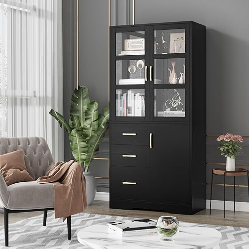 Miniatura 9 de HIFIT Tall Display Storage Cabinet with HD Glass Doors & Shelves, 67" Tall Bookcase and Bookshelf with 3 Drawers, Modern Glass China Cabinet for