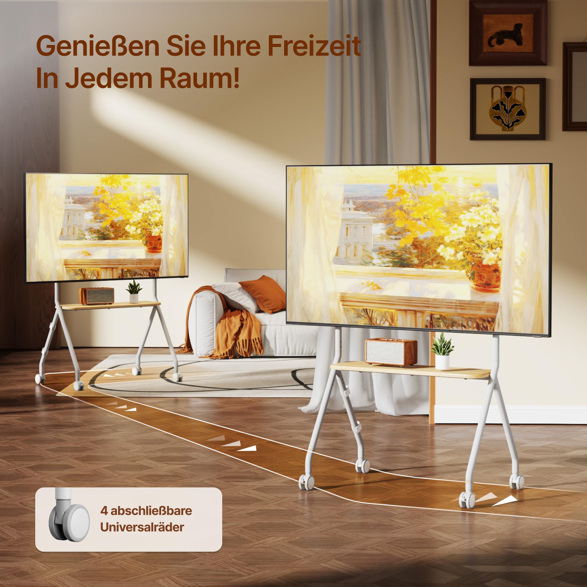TV Ständer mit Rollen für 49-80 Zoll Fernseher bis 50 kg, Weiß | Höhenverstellbar und Schwenkbar Staffelei, Mobiler TV-Wagen mit Holztablett, Max.VESA 600*400MM, für Büro, Schule und Heim