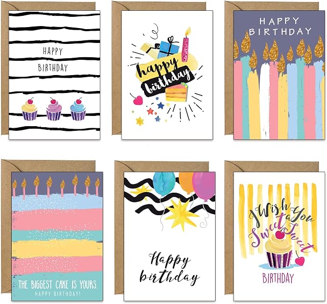 48 Eco-Friendly Birthday Cards - 6 Designs Printed on Recycled Cardboard and with Kraft Recycled Envelopes