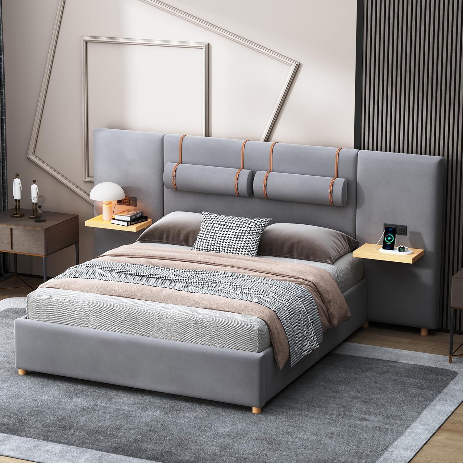 SOFTSEA Queen Size Upholstered Platform Bed withUSB Ports