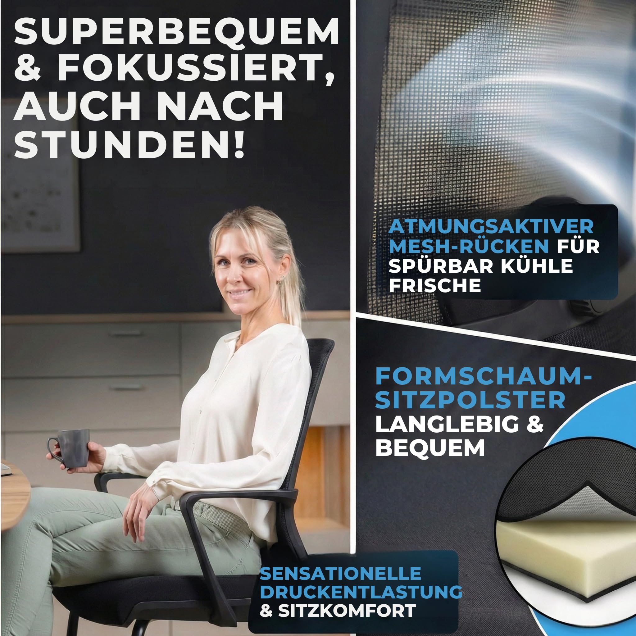 VALKENSTOL K1 Konferenzstuhl Freischwinger Schwarz mit Armlehne - Ergonomischer Besucherstuhl mit verstellbarer Lordosenstütze & Netzrücken - Robuster Bürostuhl ohne Rollen, Wasserabweisend, bis 150kg
