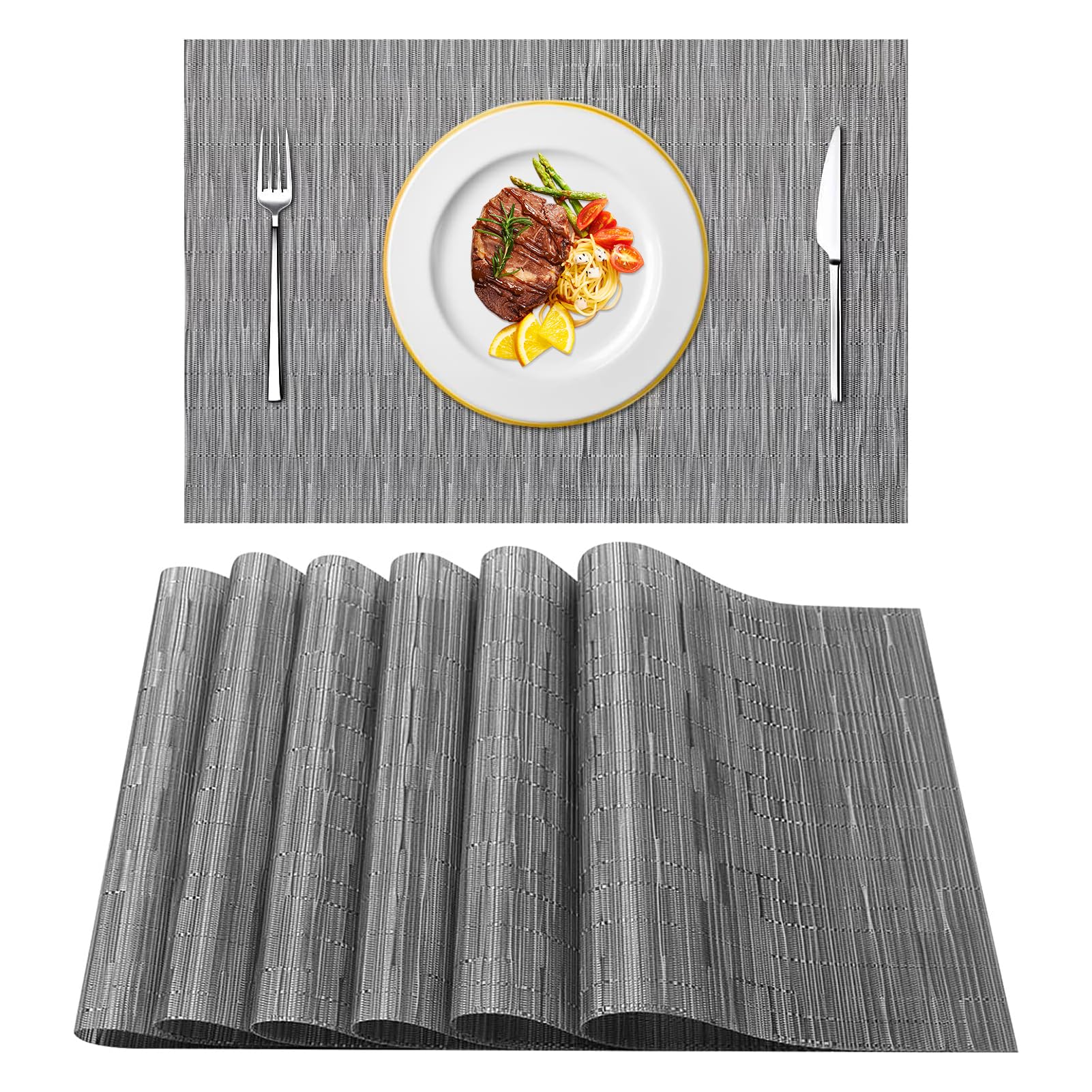 HIUOUIH Tischsets Abwaschbar 6 Stück, Platzsets Abwaschbar aus PVC 45 x 30 cm, rutschfeste Platzdeckchen für Esstisch und Küche, Tischunterlage Schwarz Grau