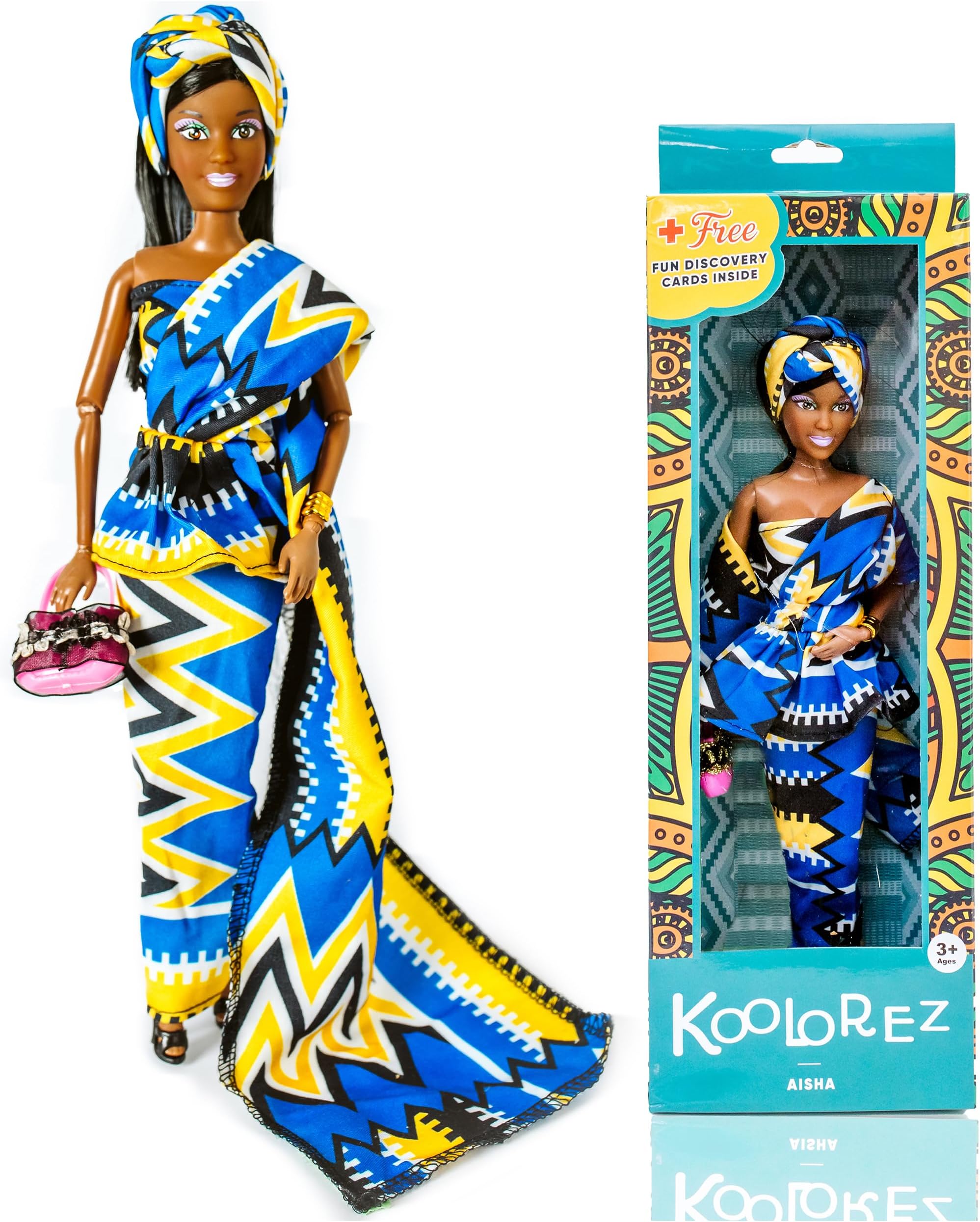 Aisha - Our Queens Black Doll Set - Brown/Black Afro Doll w/Movable Joints - Lovely 12.5" Dark Skin Dolls & Diversity Dolls - Vinyl Dolls for Girls with African Heritage Style Outfit