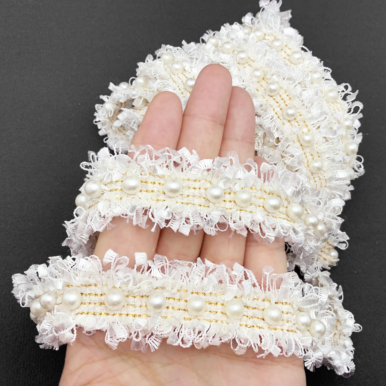 BETITETO Pearl Beaded Braid Lace Trim Ribbon Trimming Edge Embellishments 3 Yards for Sewing Wedding Dress Coat Costume Party Decoration Fabric Crafts DIY (White)