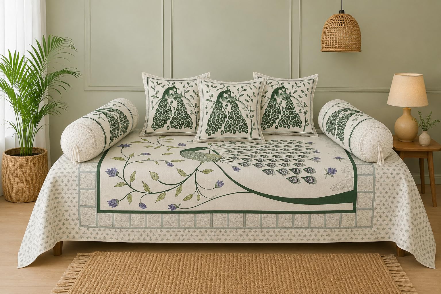Diwan Set 6 Piece Pure Cotton |1Bedsheet (70x100 Inch)+ 2 Bolster Covers+ 3 Cushion Covers | Cotton Divan Set | Diwan Bedsheet Single Bed | Living Room Set (Mayur Vatika Green)-image-29