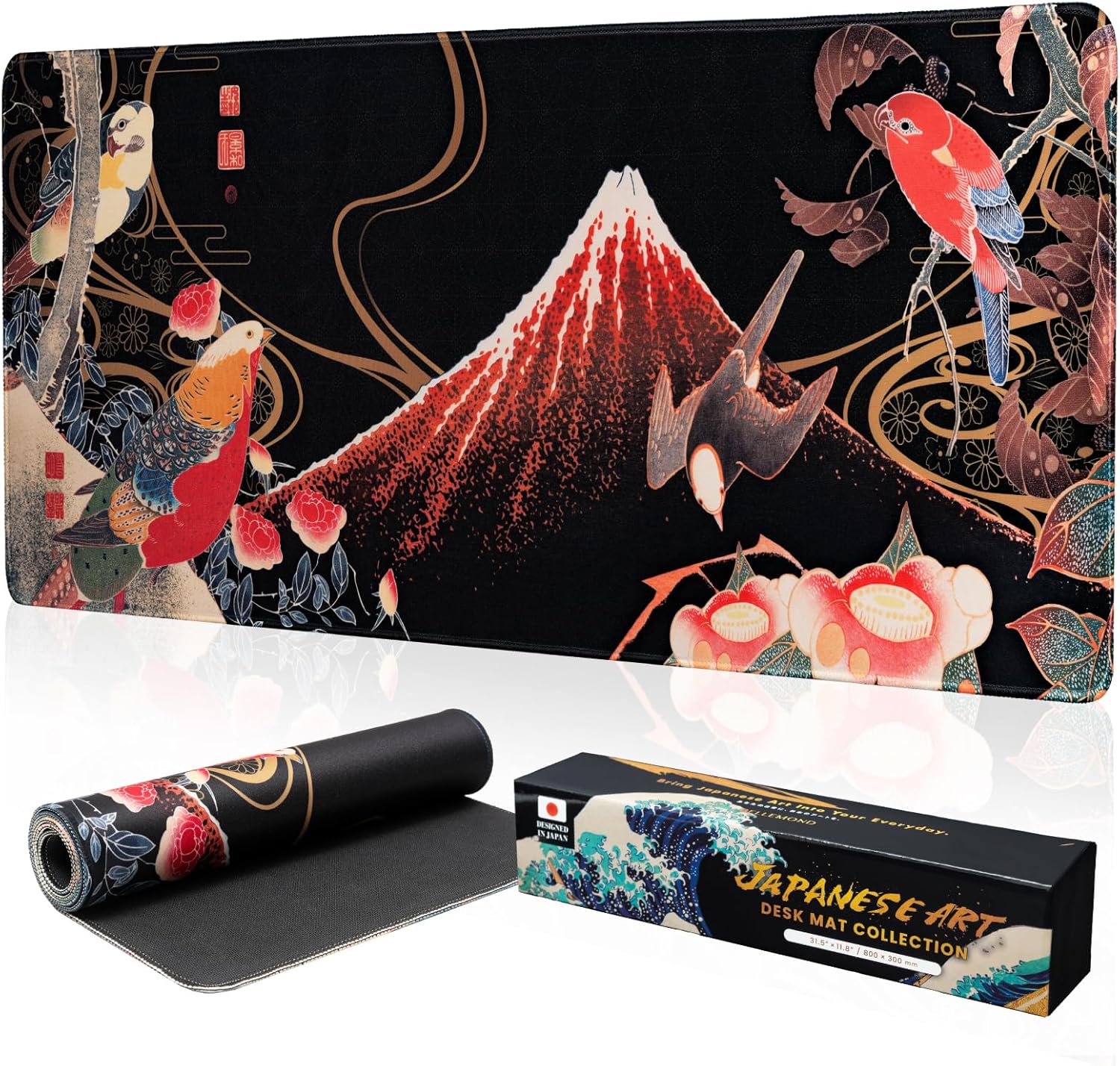 BELLEMOND Japanese Art Desk Mat | Large 31.5x11.8in Anime Mouse Pad for Keyboard & Mouse | Non-Slip Base, Water-Repellent | Original Japanese Design | Crimson Wings Over Fuji
