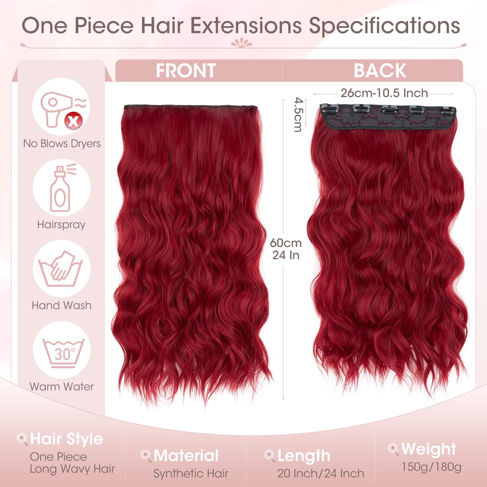 Silk-co One Piece Clip In Hair Extensions Curly 150g Hair Extensions Clip in Hairpieces 5 Clips Wavy Curly Synthetic 3/4 Half Full Head for Laides and Women 20 Inch(50 cm) Red - Image 4