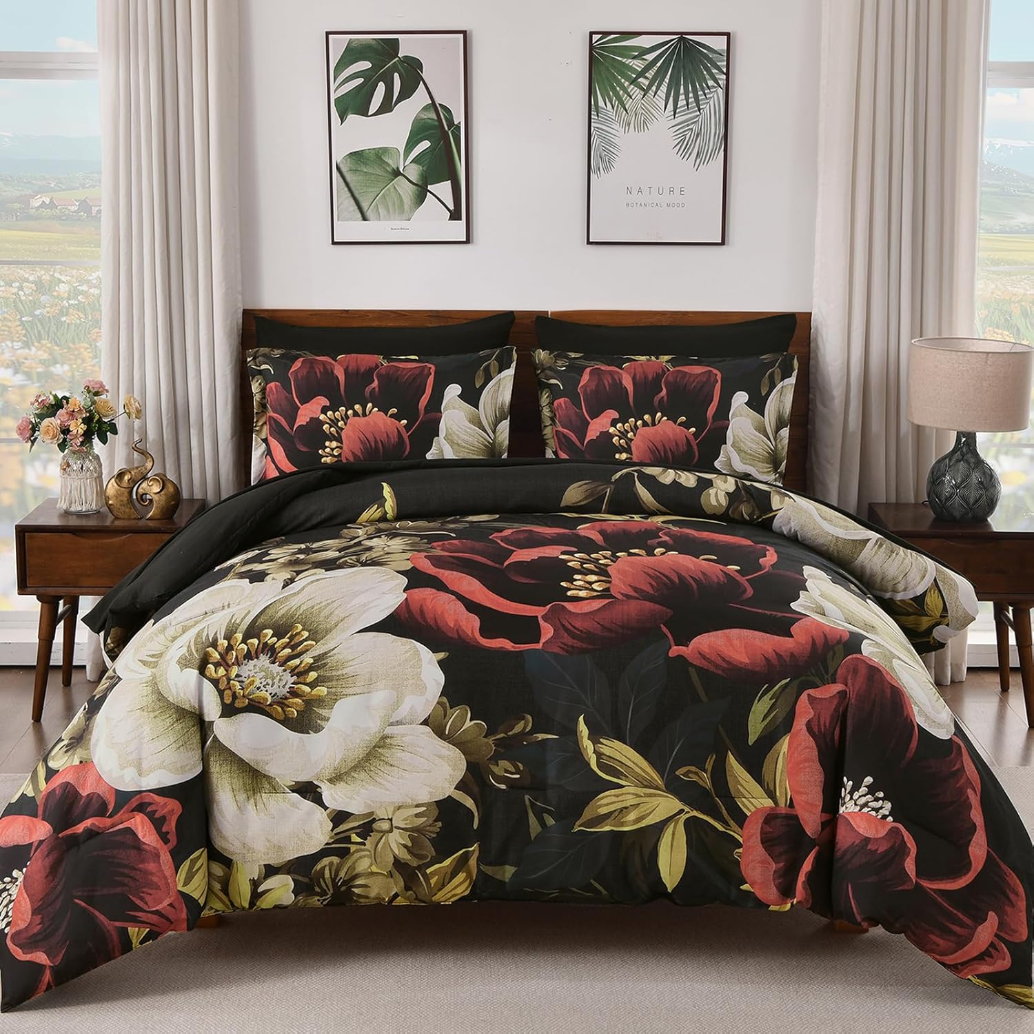 Dintszyayue Black Comforter Set Queen Size, 7 Pieces Floral Bed in a Bag Set, Texture Red Flower Bedding Sets, Soft Microfiber for All Season with Flat Sheet Fitted Sheets Pillowcases and Shams