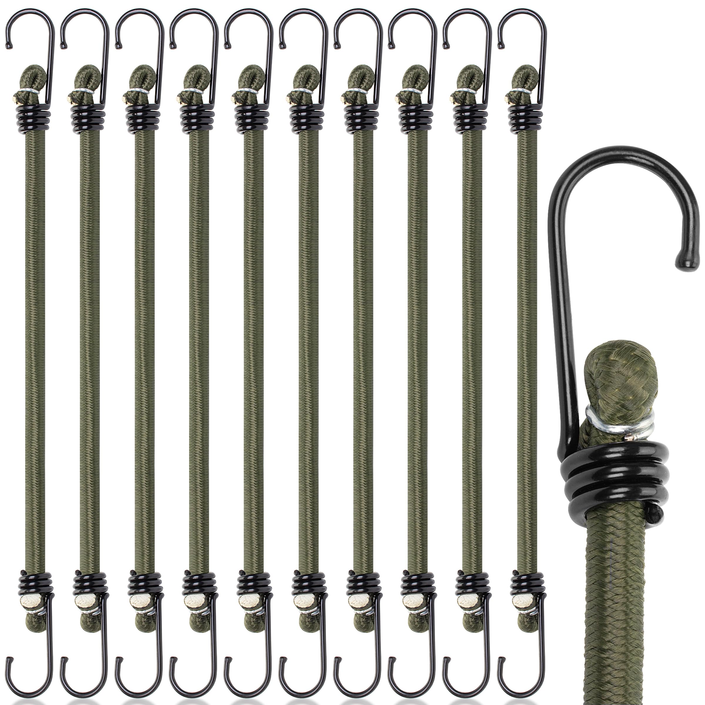 Bungee Cords with Hooks Heavy Duty Outdoor - 10 Pack – Choice of Sizes - Multi-Purpose Elastic Bungee Straps for Luggage, Camping - Weatherproof & UV