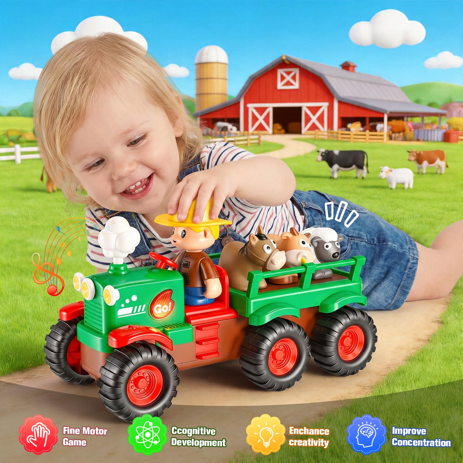 Gralal Trattore Fattoria Giochi per Bambini 1 2 3 Anni, Veicolo Musicale Push and Go con Animali, Giocattoli Montessori a Tema Animali della Fattoria, Regalo Apprendimento Precoce per Neonati