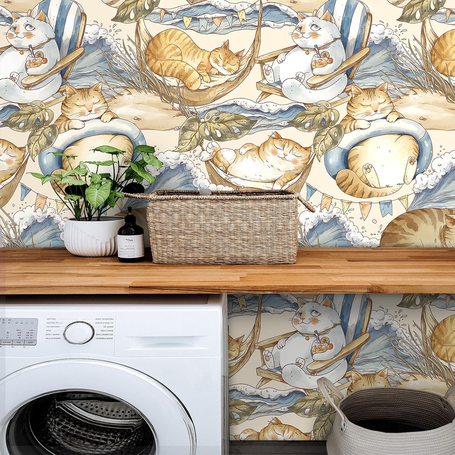 ReWallpaper 17.5in×23ft Cute Cat Peel and Stick Wallpaper Blue Waves Gold Beachy Coastal Wallpaper for Bathroom Removable Tropical Leaves Funny Brown Cat Wall Decor for Cat Lovers Kids Bedroom Walls