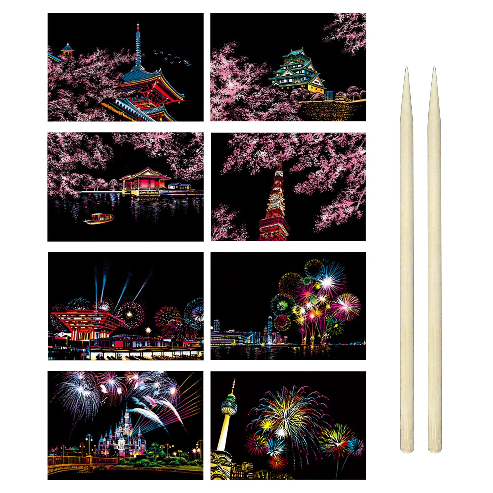 Rainbow Scratch Art Paper Set for Adults and Kids, Cherry Blossom & Fireworks City Series Night Theme Arts, Easy-Reveal Scratch Art Book with 2 Bamboo Sticks, Versatile Drawing Paper for Creative Fun