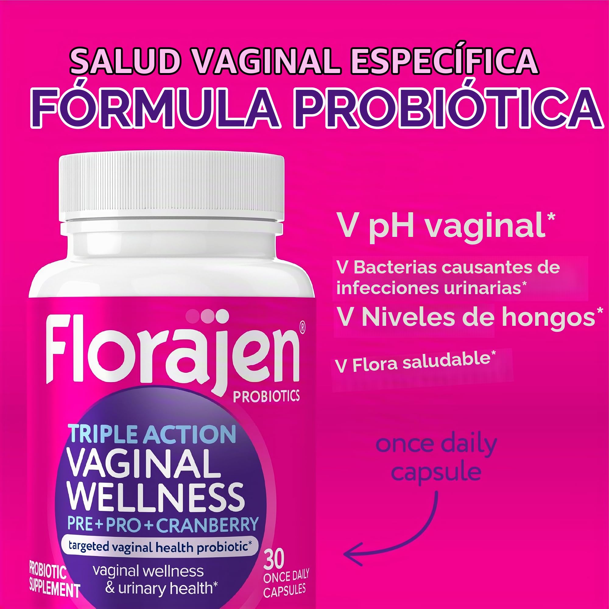 Florajen Probiótico de triple acción para mujer, prebiótico + probiótico + arándano para apoyo vaginal, digestivo e inmunológico, acción rápida, estudiado clínicamente, sin gluten y vegano, (30