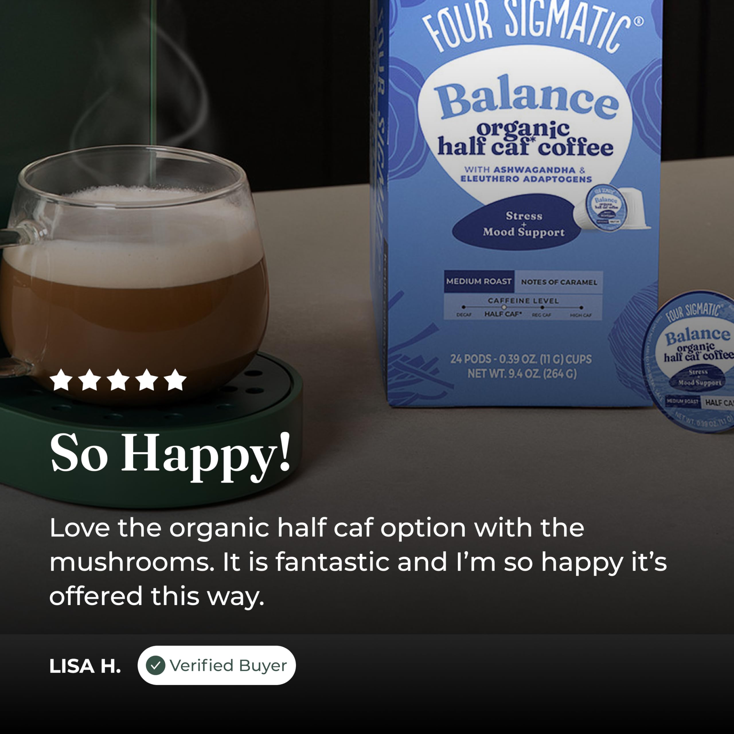 Four Sigma Foods Four Sigmatic Adaptogen - Café molido de tostado medio con Ashwagandha Chaga y Tulsi apoyo inmunológico y alivio del estrés ceto, 24 unidades