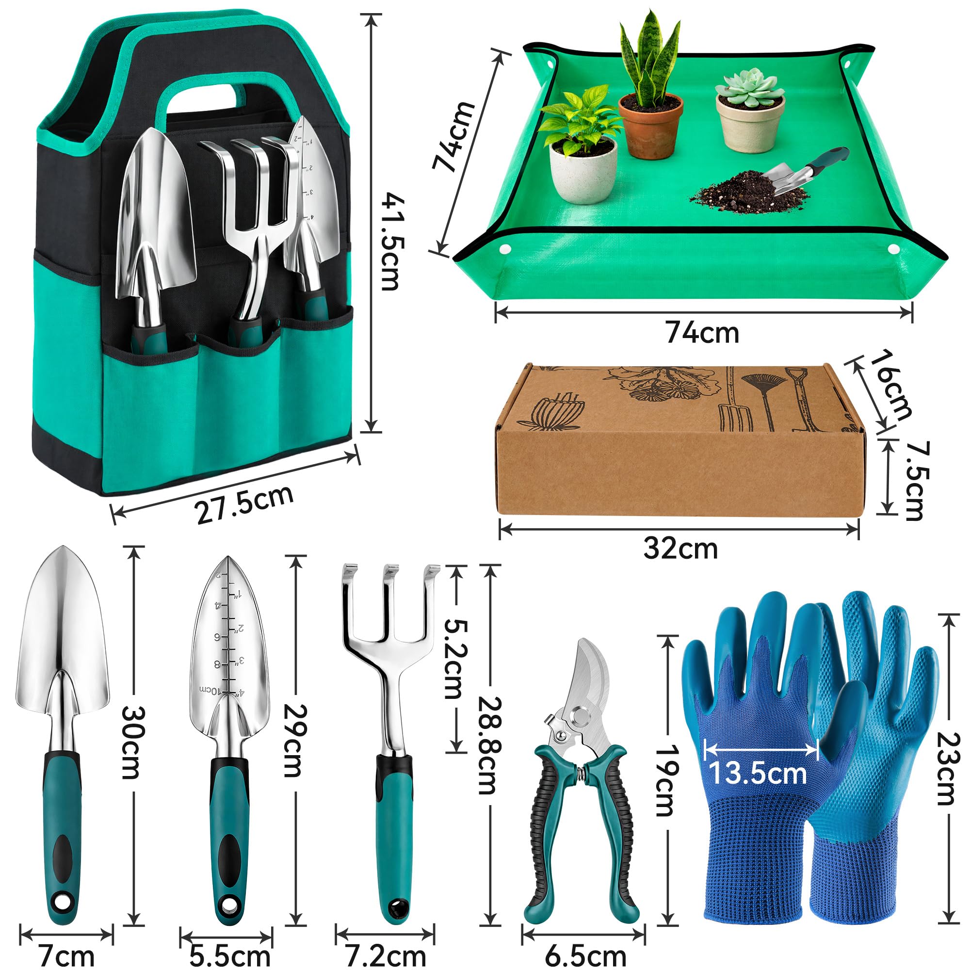Novent Gartenwerkzeug Set, 7 Stück Gartenset aus Edelstahl, Gartenschaufel, Blumenschere, Handgrubber, Pflanzschaufel mit Aufbewahrungstasche - Geschenke für Frauen, Männer Garten
