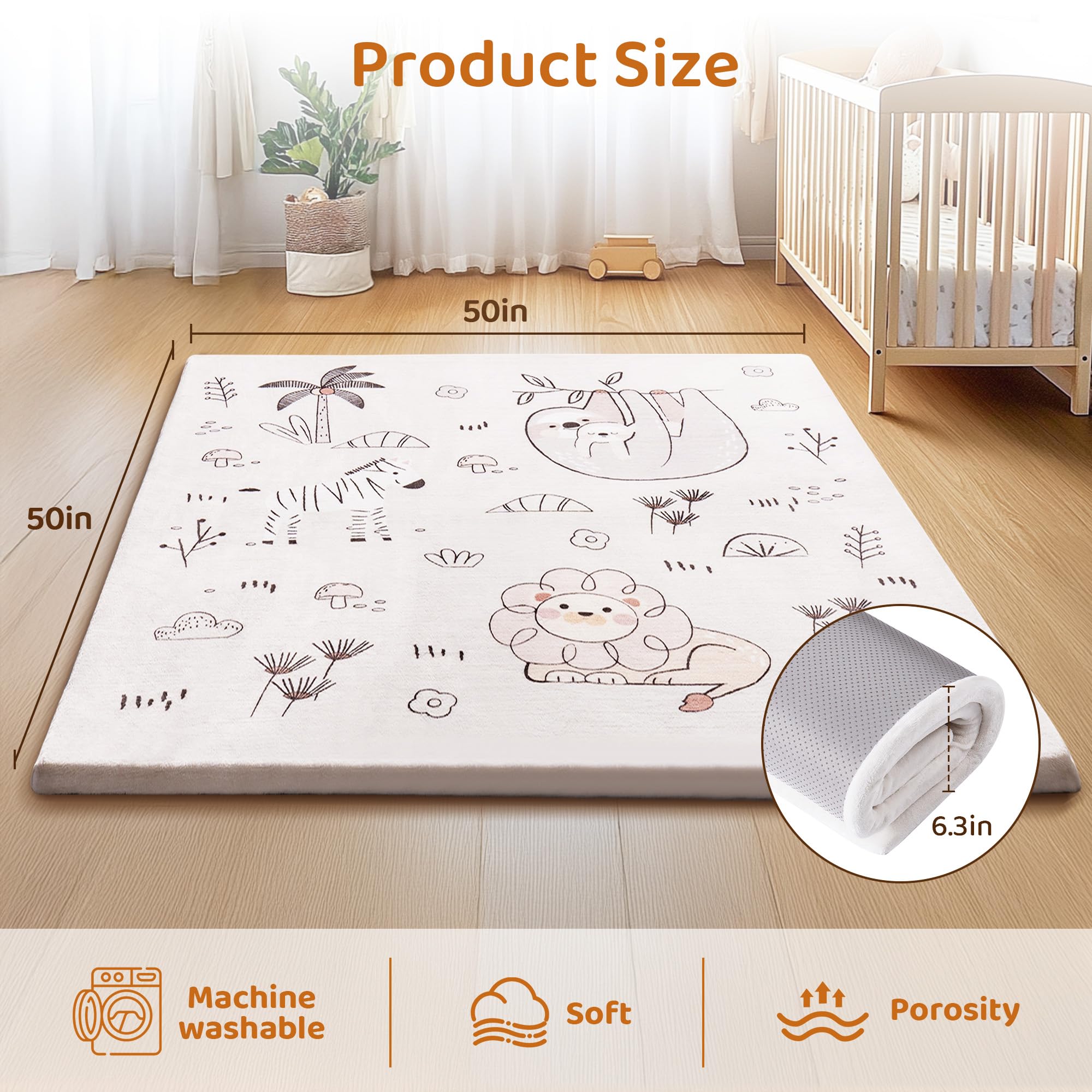 ROBOTIME Baby Play Mat, 50 x 50 Inch Play Mat Perfect for Use Baby Playpen, 30D High Density Sponge Thickened Material, Non-Slip & Washable Play Mats for Baby, Toddler and Infant, Play & Tummy Time