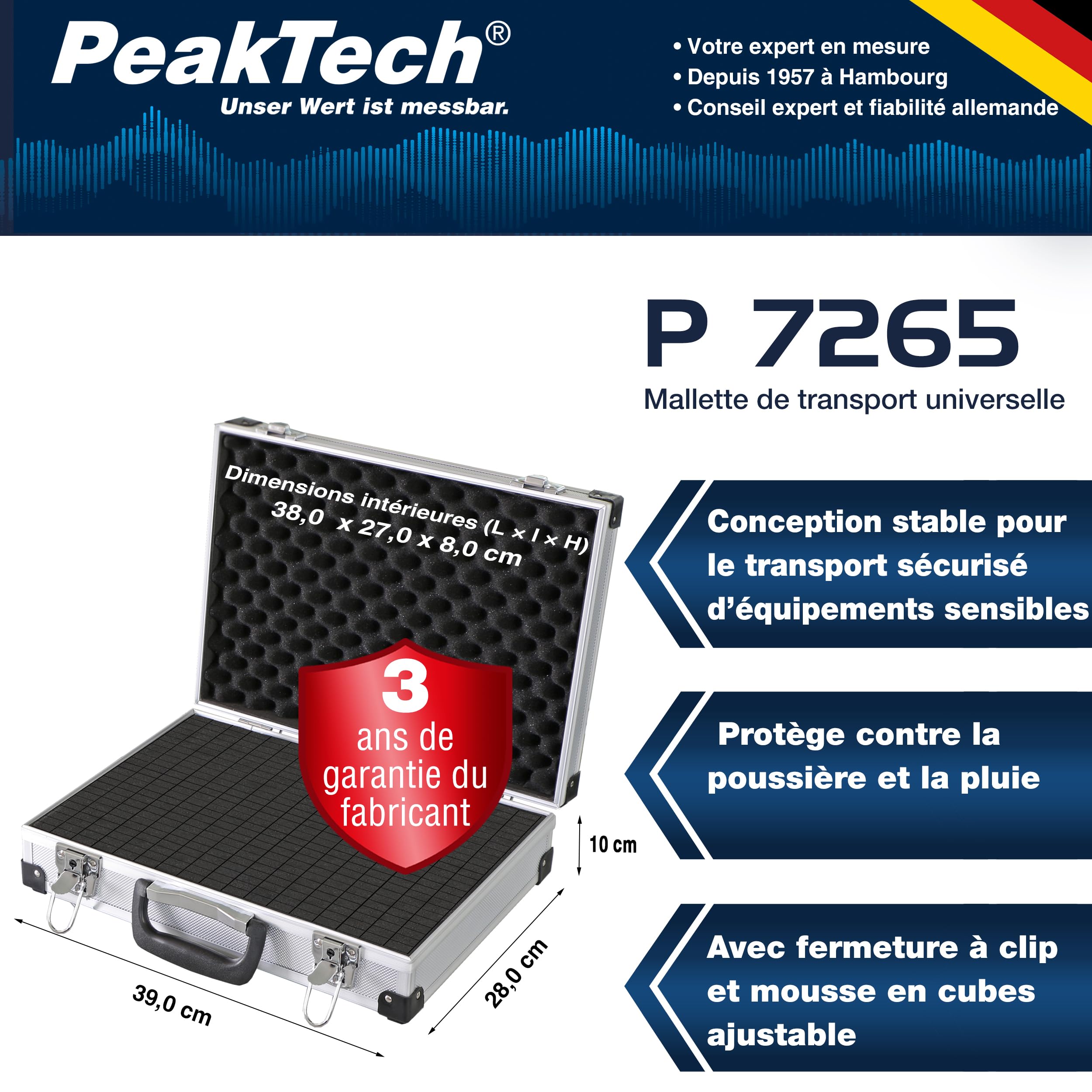 PeakTech 7265 – Mallette Universelle pour Instruments de Mesure, Mallette Robuste en Aluminium, Compartiment à Outils, Cube en Mousse, Rembourrage en Mousse, XL - 390 x 280 x 100 mm