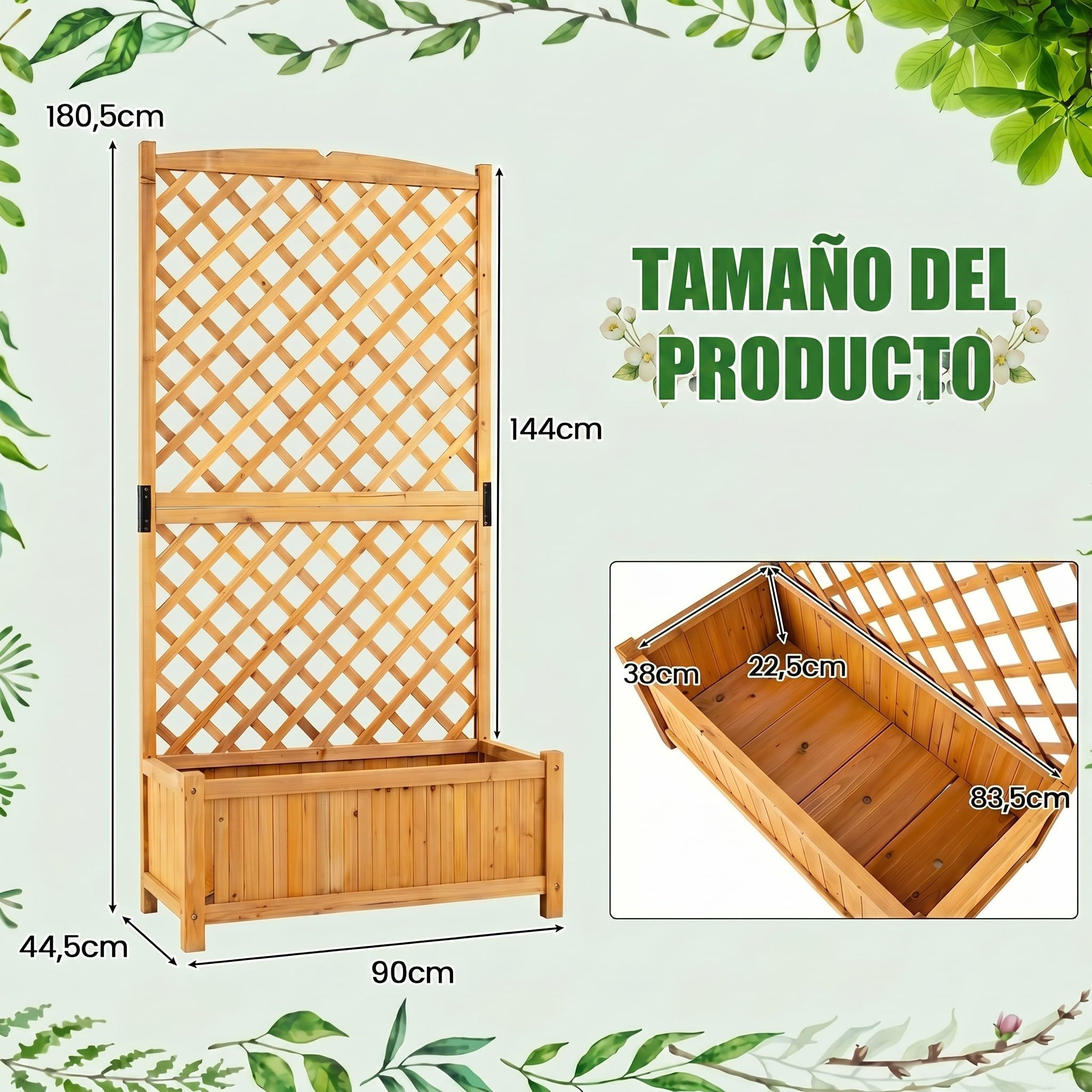 COSTWAY Jardinera con Enrejado de Madera Maciza de Abeto, Jardinera con Celosia, Orificios de Drenaje para Plantas Trepadoras, para Jardines, Patios y Balcones, 90 x 44,5 x 180,5 cm (Natural)
