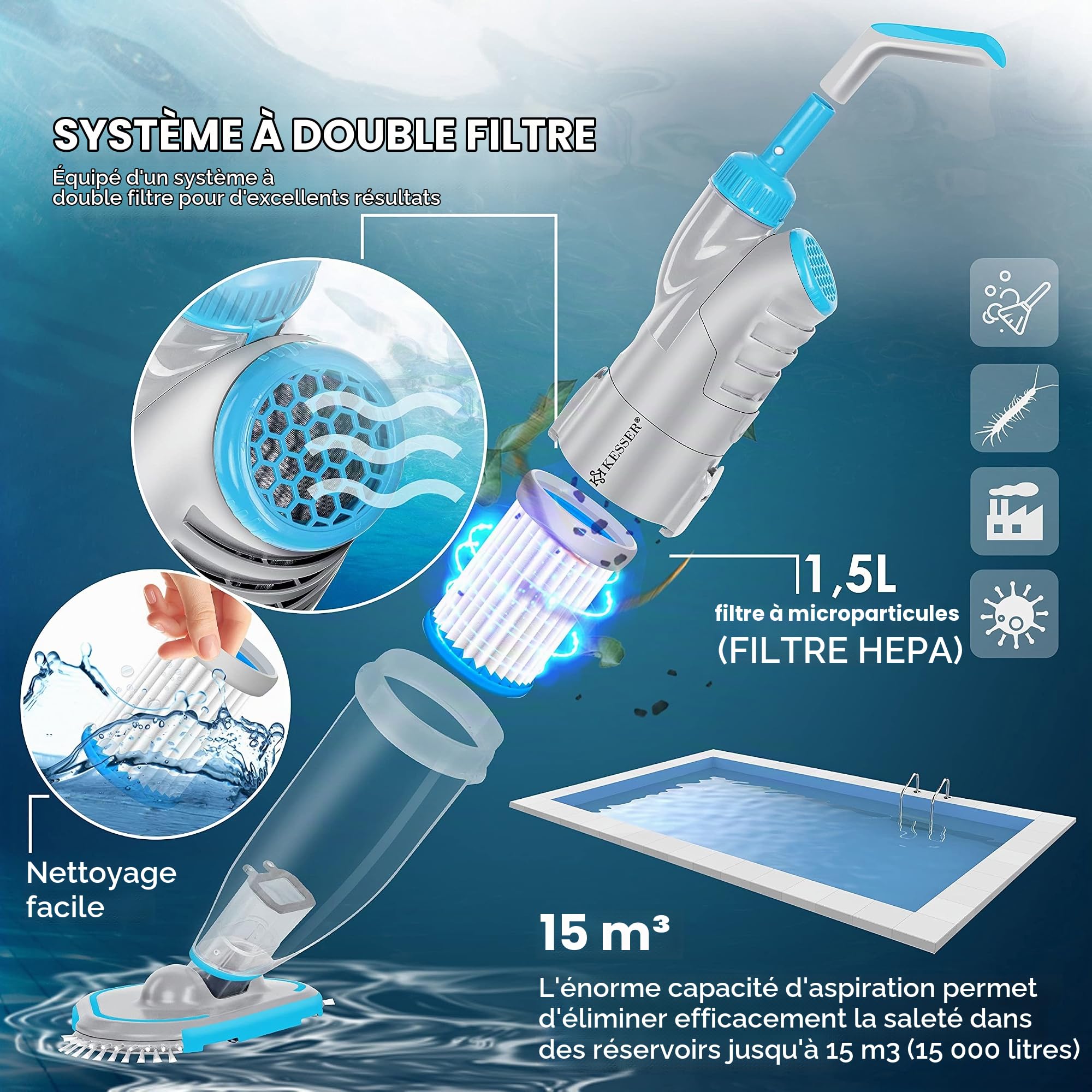 KESSER® Aspirateur de Piscine avec Batterie + Couverture | électrique Aspirateur de Piscine à Main | Nettoyeur de Piscine avec Filtre & système à 2 Vitesses | Aspirateur à Main, Jusqu'à 15 m³