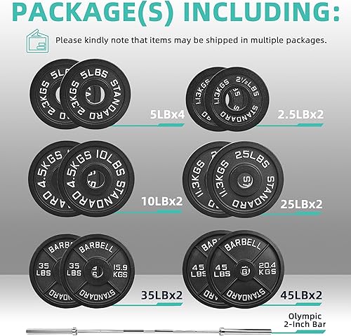 Miniatura 2 de Fitvids Juego de mancuernas olímpicas de hierro fundido de 2 pulgadas, incluye juego de discos de peso de 255 libras y barra olímpica de 7 pies (300