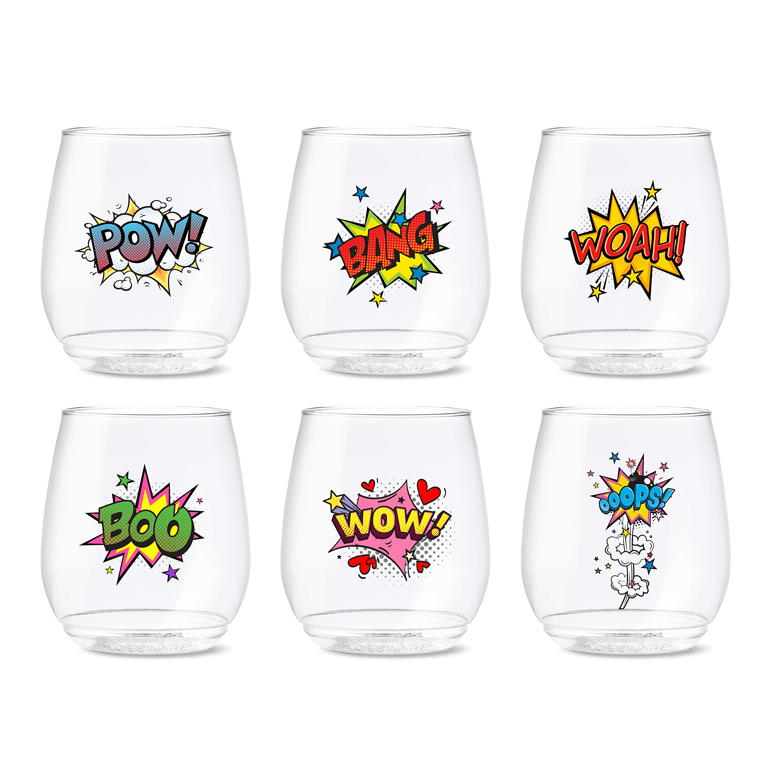 TOSSWARE POP 14oz Vino Pop Art Series, SET OF 6, Premium Quality, Recyclable, Unbreakable & Crystal Clear Plastic Printed Glasses