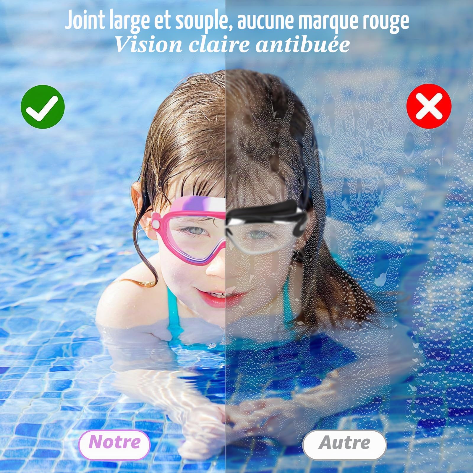 Moseem Lot de 2 paires de lunettes de natation pour enfants et adolescents de 3 à 15 ans, anti-buée, anti-UV, large vision, imperméables