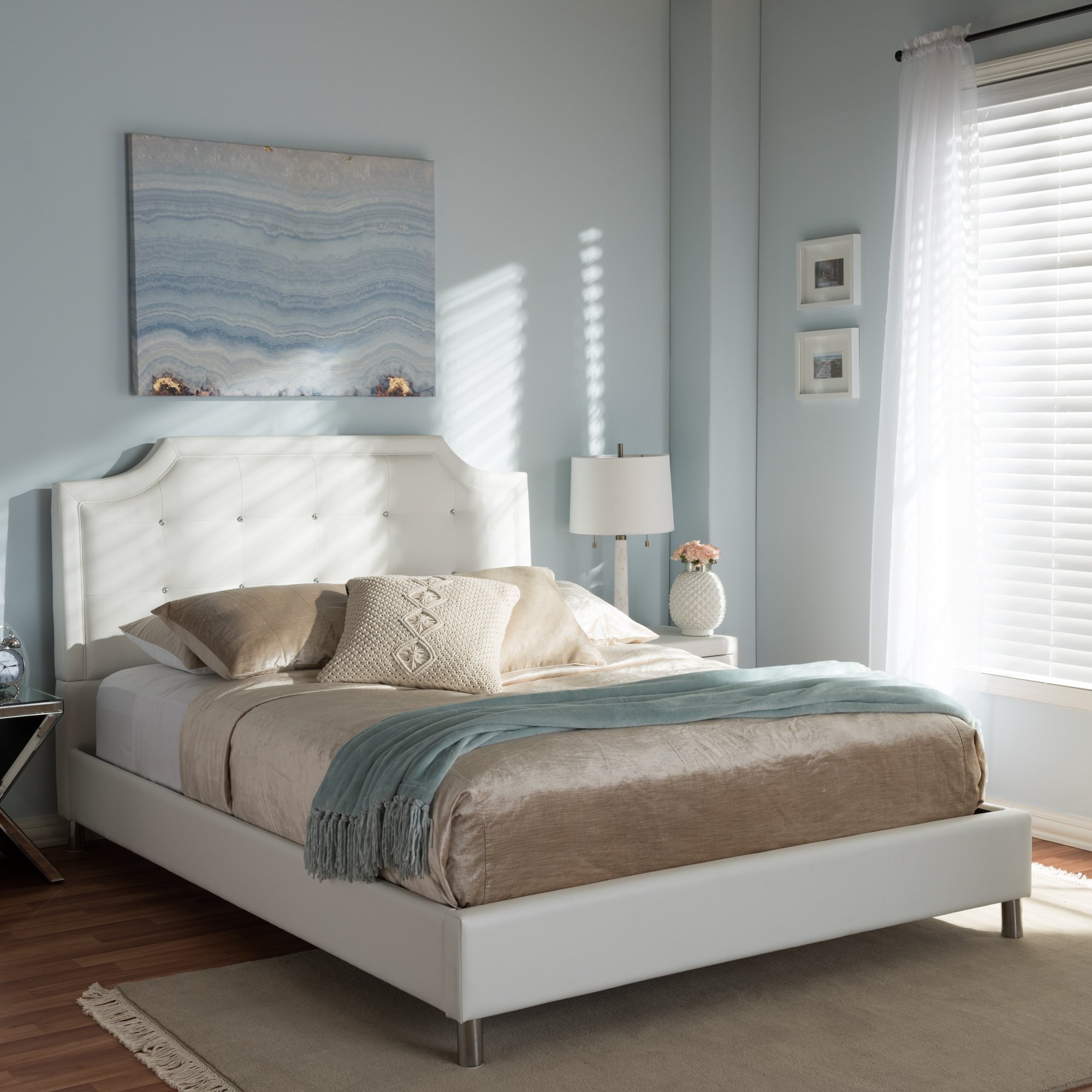 Carlotta cama moderna con cabecera tapizada, Madera, Blanco 6