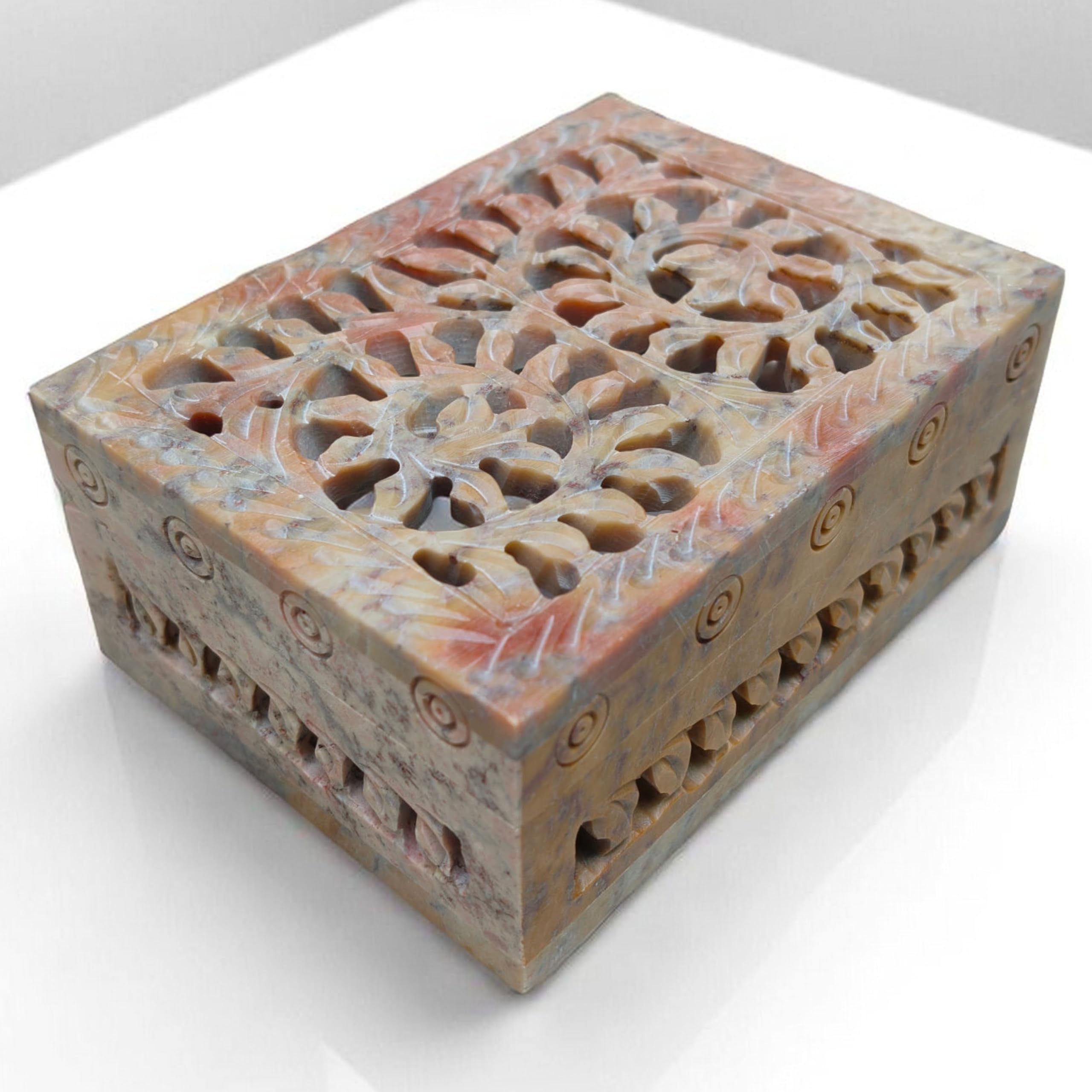 craftslook Jewelry Box Organizer 4"x3"inch – Hand Carved Soapstone Trinket Box with Floral Inlay | Decorative Keepsake for Women | Perfect for Home Decor, Vanity, Anniversary & Housewarming Gift