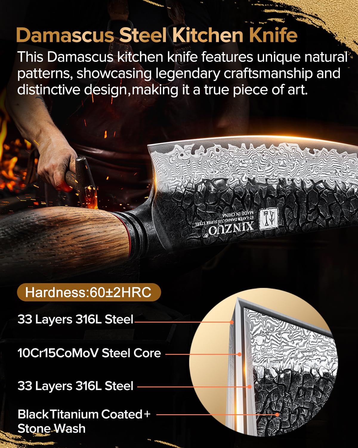 XINZUO Damaststahl 19,3cm Santokumesser -Hammerfinish Küchenmesser Scharfe Klinge Damastmesser -Profi Geschmiedet Kochmesser Multifunktions Chefmesser -Ergonomischer Griff aus Weißeiche -Mo Serie