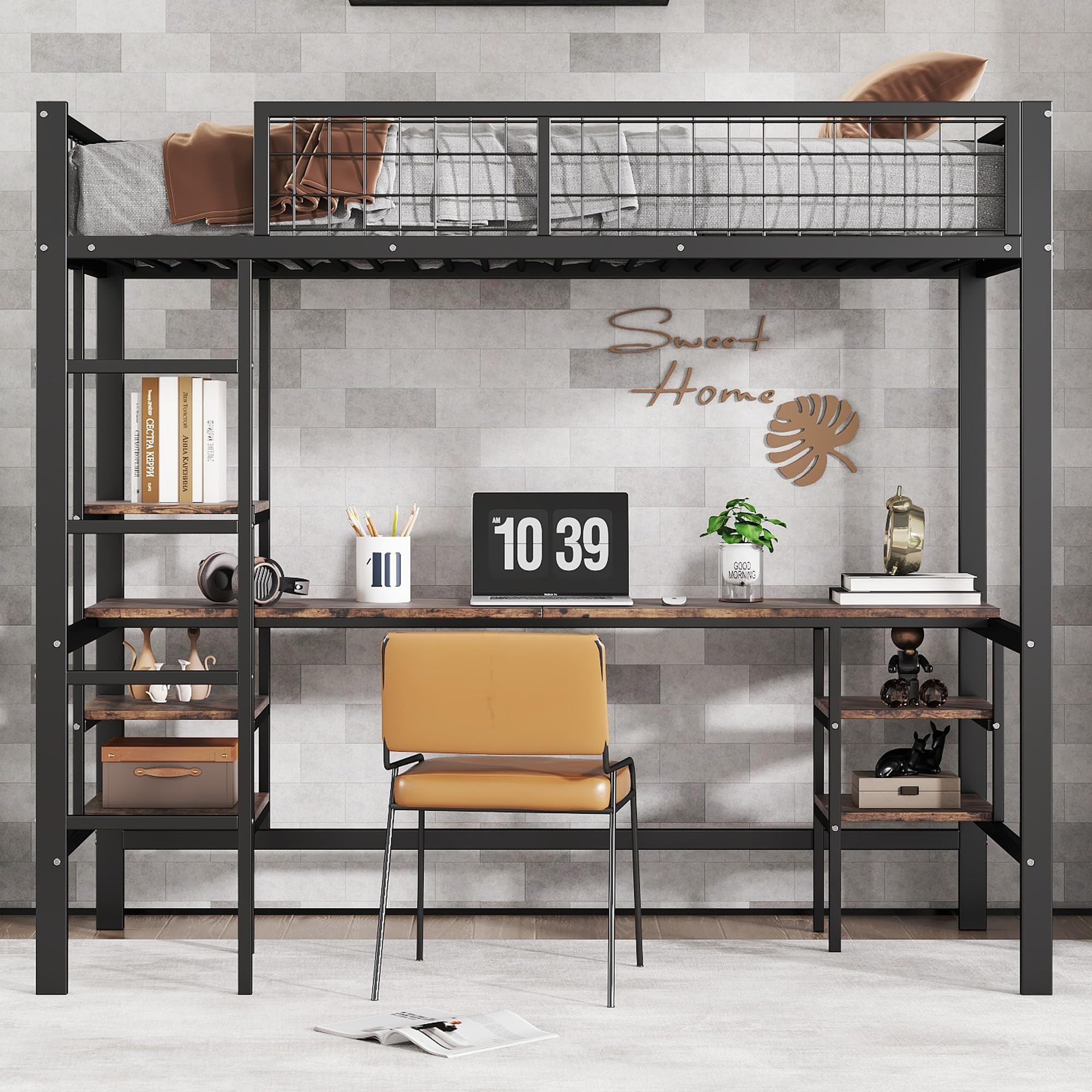 OKMYHOME Łóżko antresolowe 90x200 cm, metalowe łóżko dla nastolatków z wbudowanym biurkiem i półkami, oszczędność miejsca w stylu industrialnym - czarne