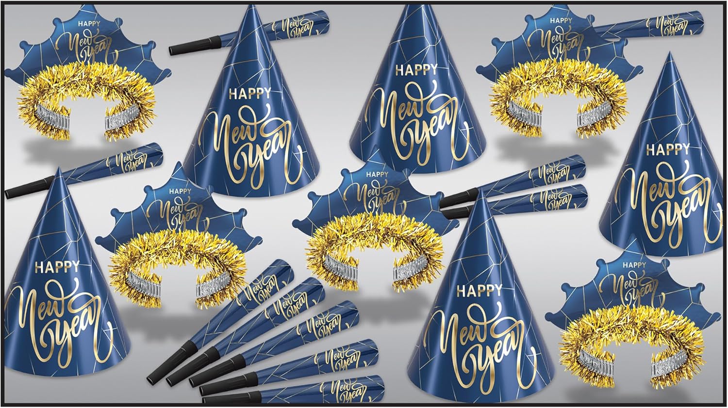 Beistle Midnight Blue New Year Party Kit for 10 – Celebration Set of NYE Accessories, Cone Hats, Fringed Tiaras & Foil Horns, Elegant Metallic Navy & Gold New Year’s Eve Countdown Headwear Supplies