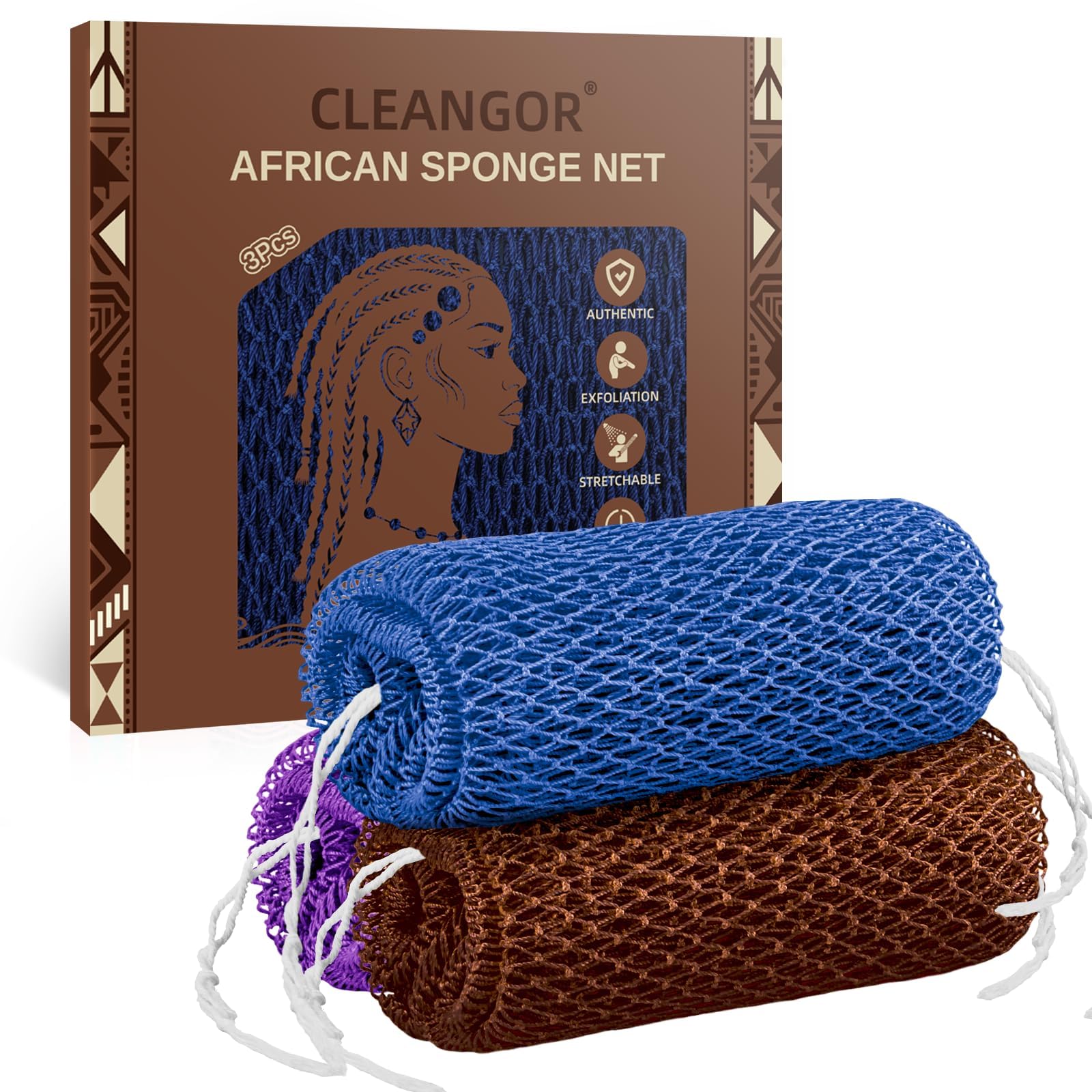 Cleangor 3Pcs African Net Sponge Authentic with Knots - Exfoliating Body