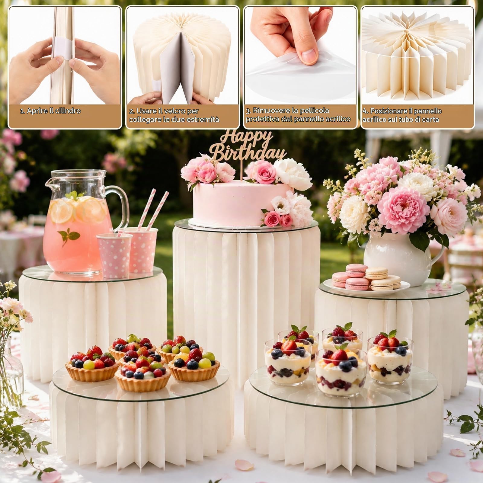 5 alzate pieghevoli per torte, alzate per buffet, espositore in cartone con piastre rotonde in acrilico, supporto per torte per matrimoni, compleanni, decorazioni per feste e buffet da