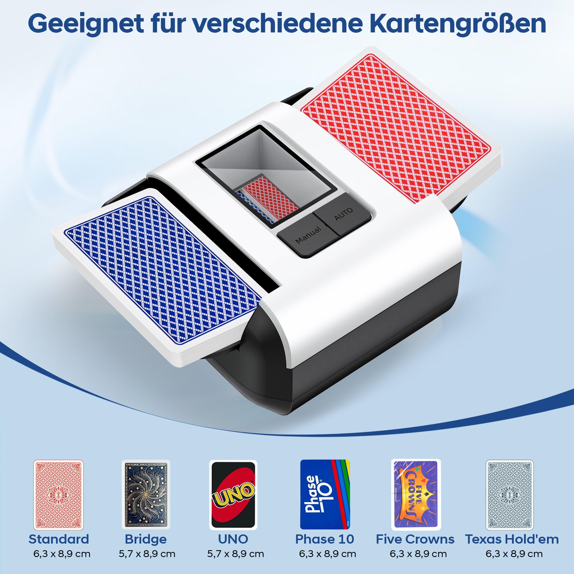 Automatischer Kartenmischer 1-2 Deck, Automatischer Mischmaschine Karten, Wiederaufladbarer Kartenmischer mit Dual-Modi, Card Shuffler für UNO, Poker, Texas Hold‘em, Blackjack & Spieleabende