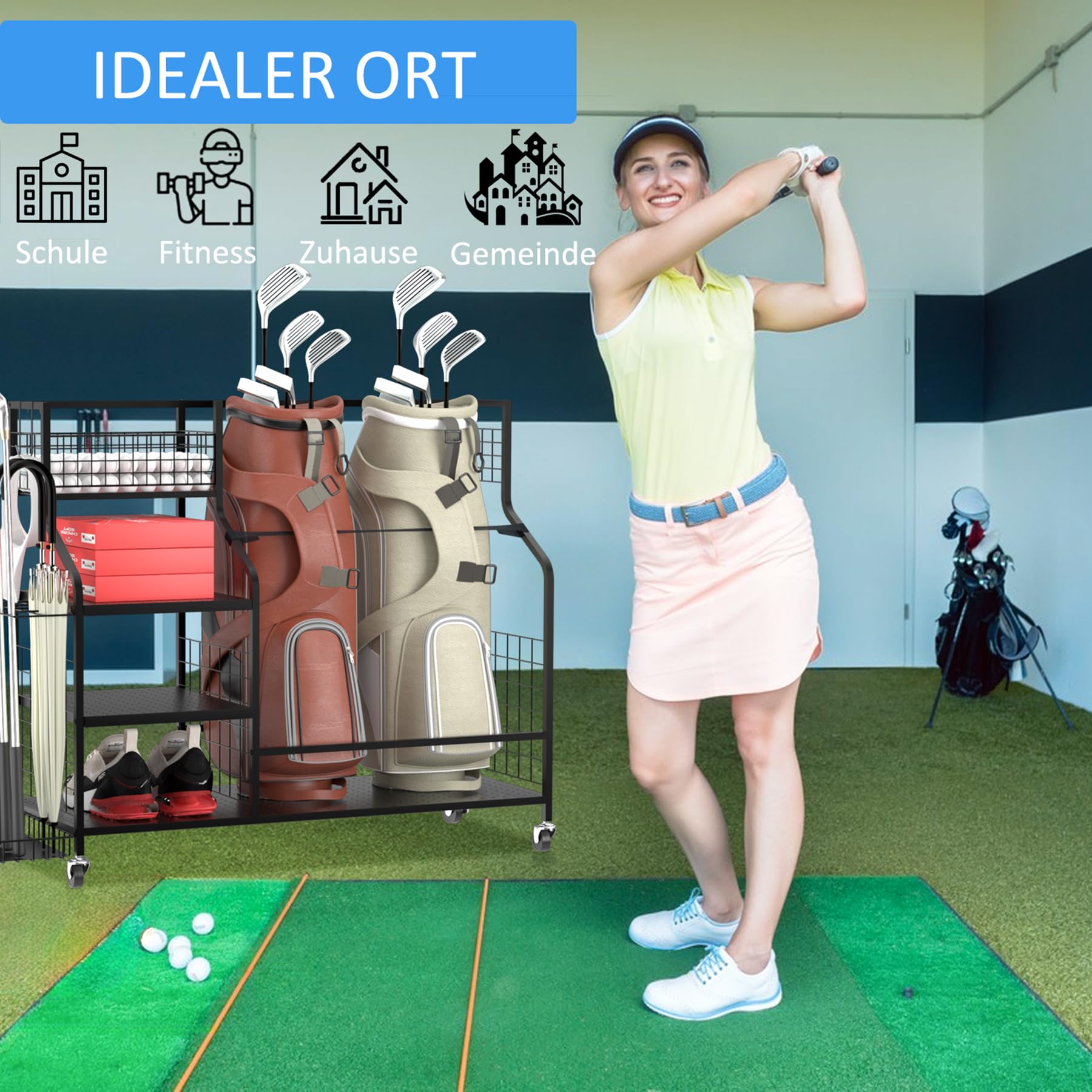 Golftaschen-Regal für Garage - Golfschläger-Halter Ständer extra groß, passend für 2 Taschen & Outdoor-Spielzeugaufbewahrung