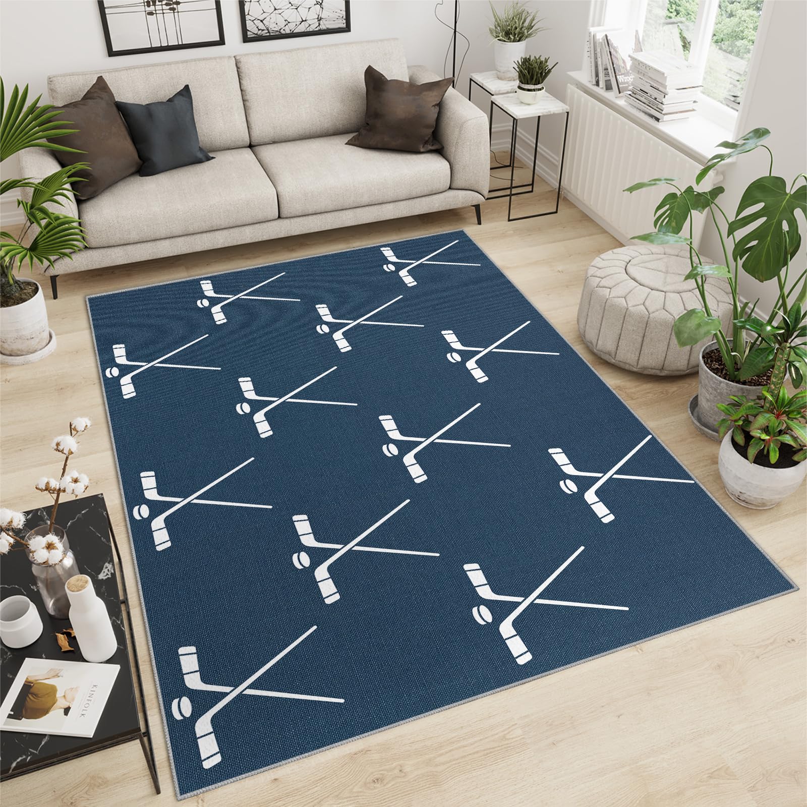 QDJKBL Area Rugs 180 X 240 Cm Winter Sports Rug Competitive Sports, White Hockey Rules Print Bedroom Rug, Washable Rug Bright Color for Kitchen Living Room