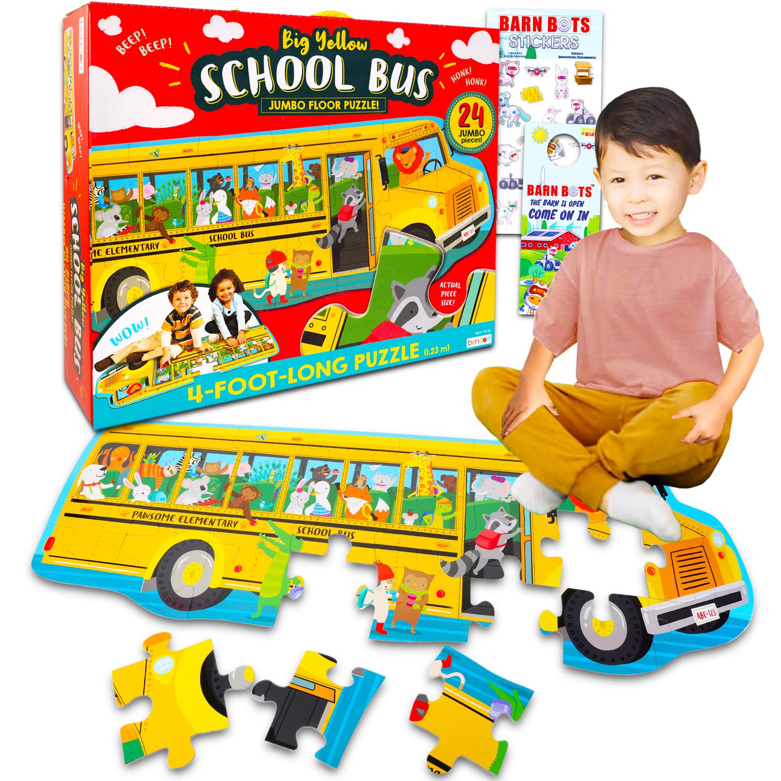 T.S. Shure Jumbo School Bus Floor Puzzle Set - Bundle with a Giant Floor Puzzle, Stickers, and More | Extra Large School Bus Puzzle Set for Kids