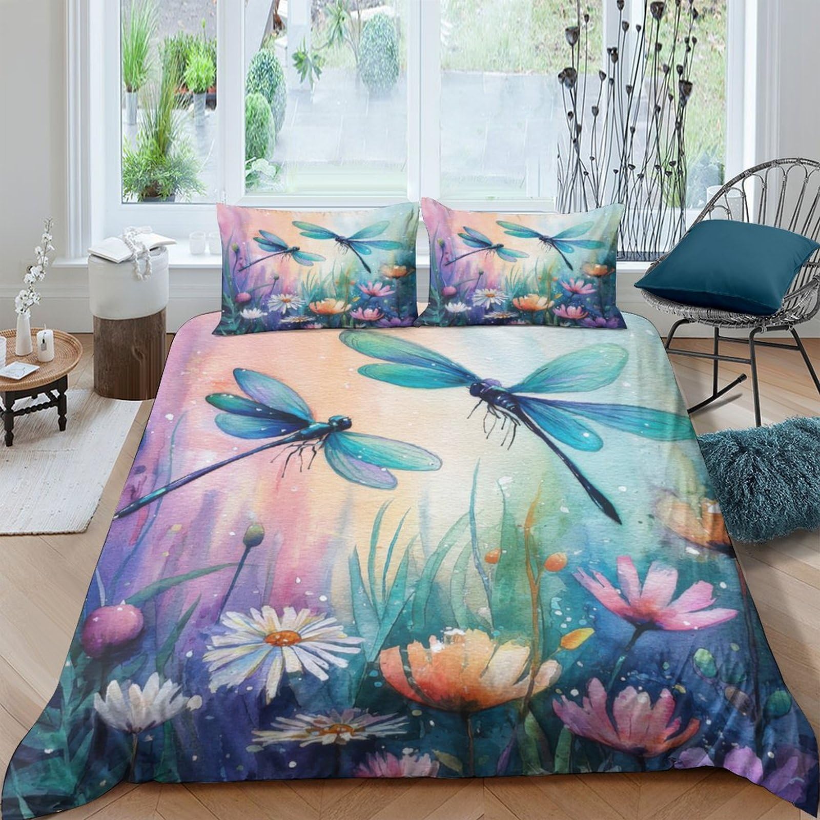 Ctjqhvkz Style-1 3D Printed Dragonfly Meadow Fitted Sheet Microfiber Floral Pastel Bed Cover For Bedroom Guest Room Decor Easy Care Single（135X200cm）