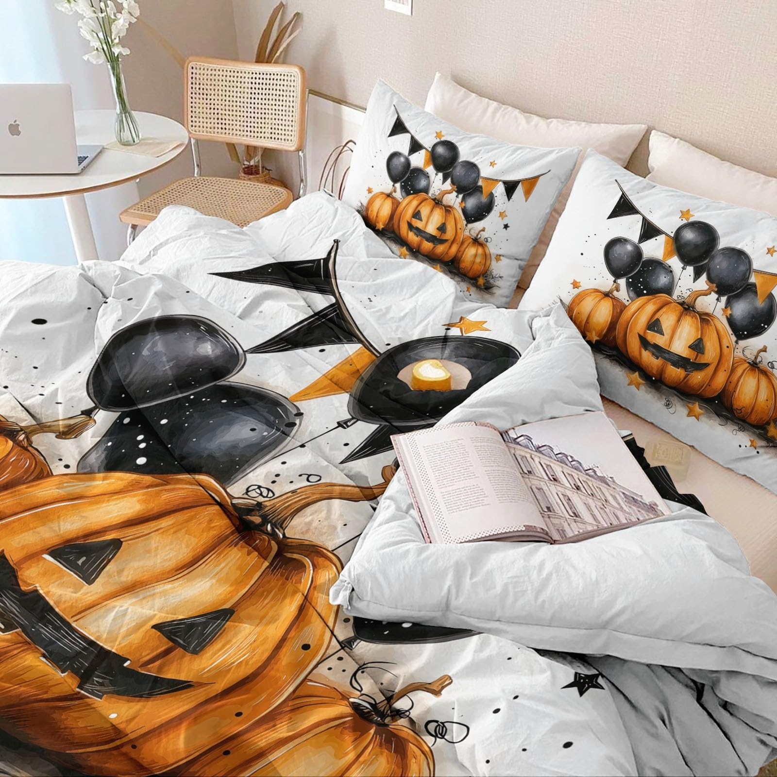 Poszewka na kołdrę 3 sztuki kolor pomarańczowy poszewka na kołdrę z 2 poszewkami na poduszki Halloween Jack-O'-Lantern balony uroczystość miękki zestaw pościeli na cały sezon oddychające zapięcie na