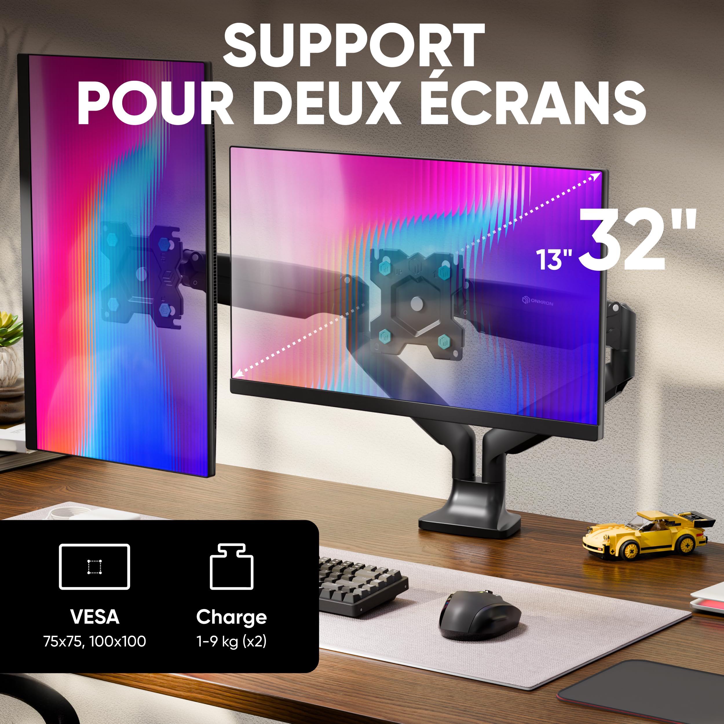 ONKRON Support Écran PC Double Bras Articulé 13-32 Pouces VESA 75x75 100x100 Ressort à Gaz 9 kg Noir G200-B