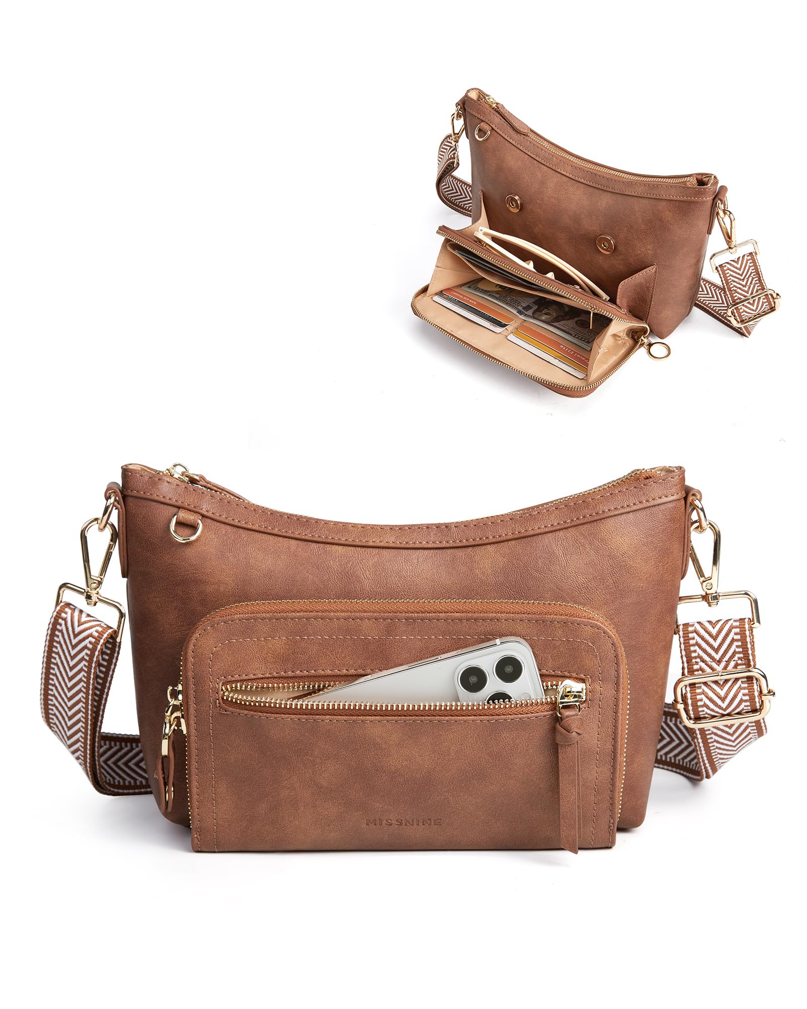 Missnine Cross Body Purse Leather Medium Crossbody Bags for Women Travel Purse Shoulder Handbag with RFID Blocking Slots