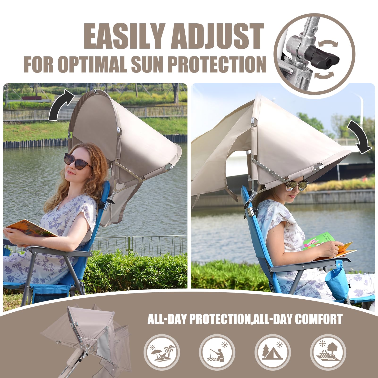 Universal Wind-Resistant Chair Umbrella Canopy, Foldable Portable UPF 50+ Sun Shade Attachment with Adjustable Clamp, Fits Most Beach, Camping, Lawn, Sports, Tanning, Zero Gravity Chairs & Wheelchairs — view 5