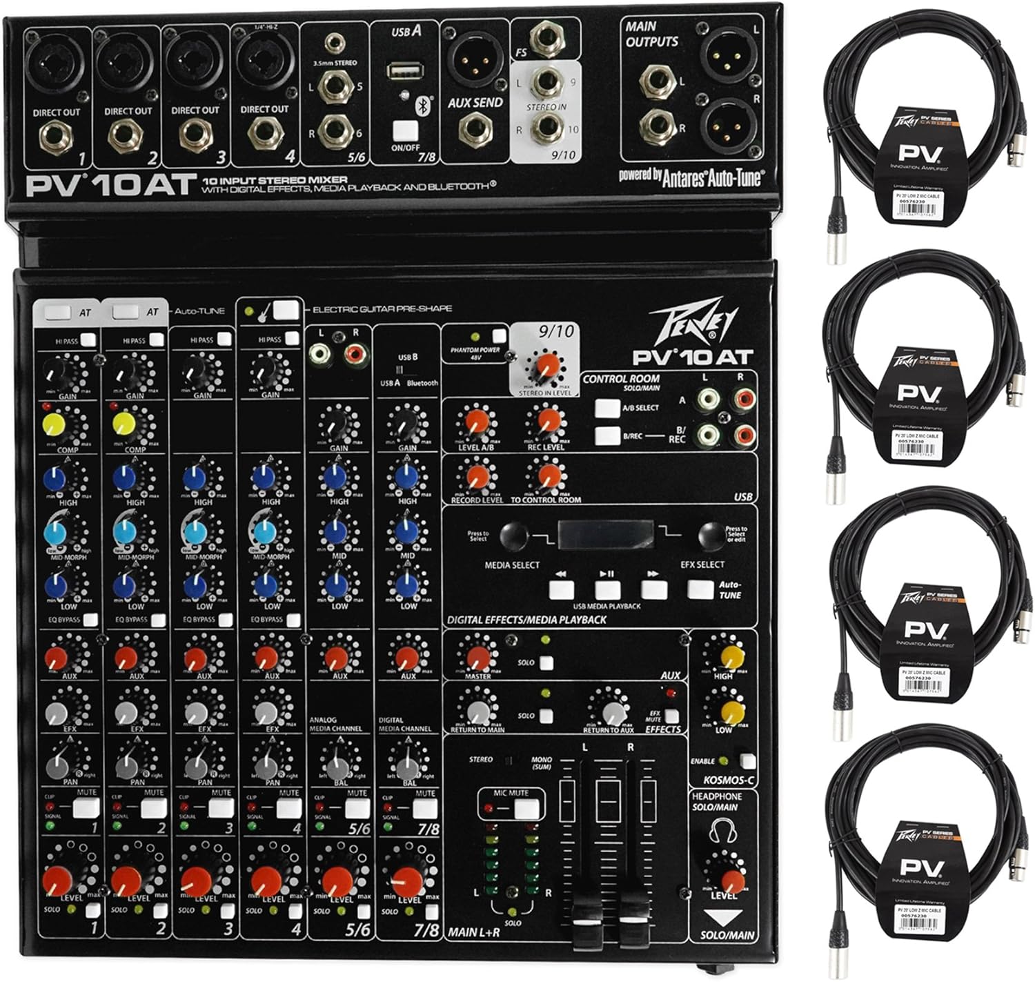 Peavey PV 10AT PV10AT Mixer,4 mic in,Bluetooth/USB,Compressor/Effects+AutoTune Bundle with (4) Peavey PV 20' XLR Female to Male Low Z Mic Cable