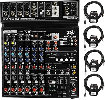 Peavey PV 10AT PV10AT Mixer,4 mic in,Bluetooth/USB,Compressor/Effects+AutoTune Bundle with 4 Peavey PV 20 XLR Female to Male Low Z Mic Cable