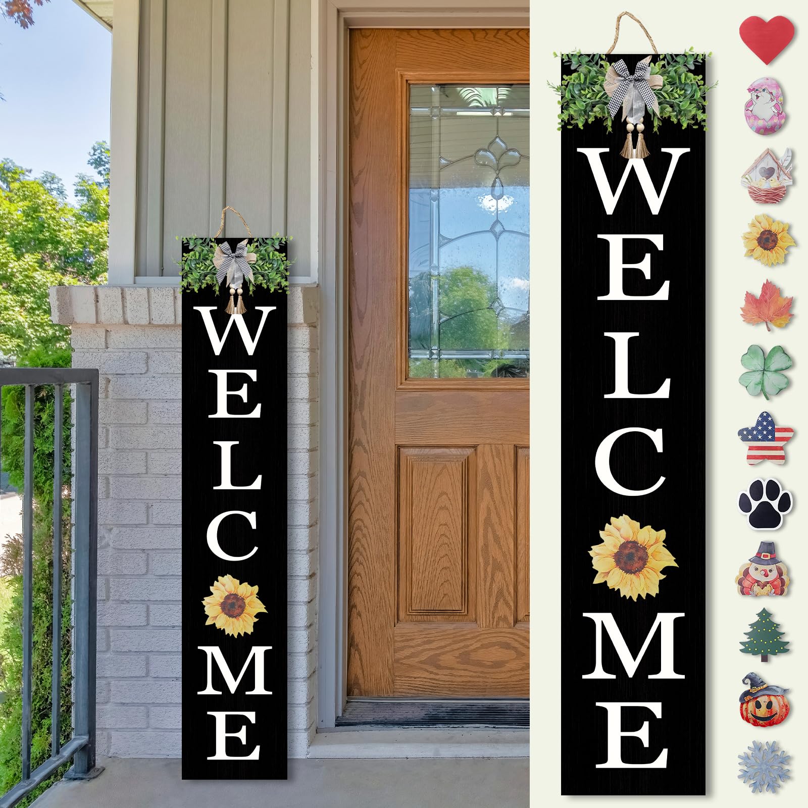 Interchangeable Welcome Sign for Front Porch Standing 47"X8" Outdoor Large Wood Frame with 12 Pcs Designed Icons Leaner Vertical Tall Outside Welcome
