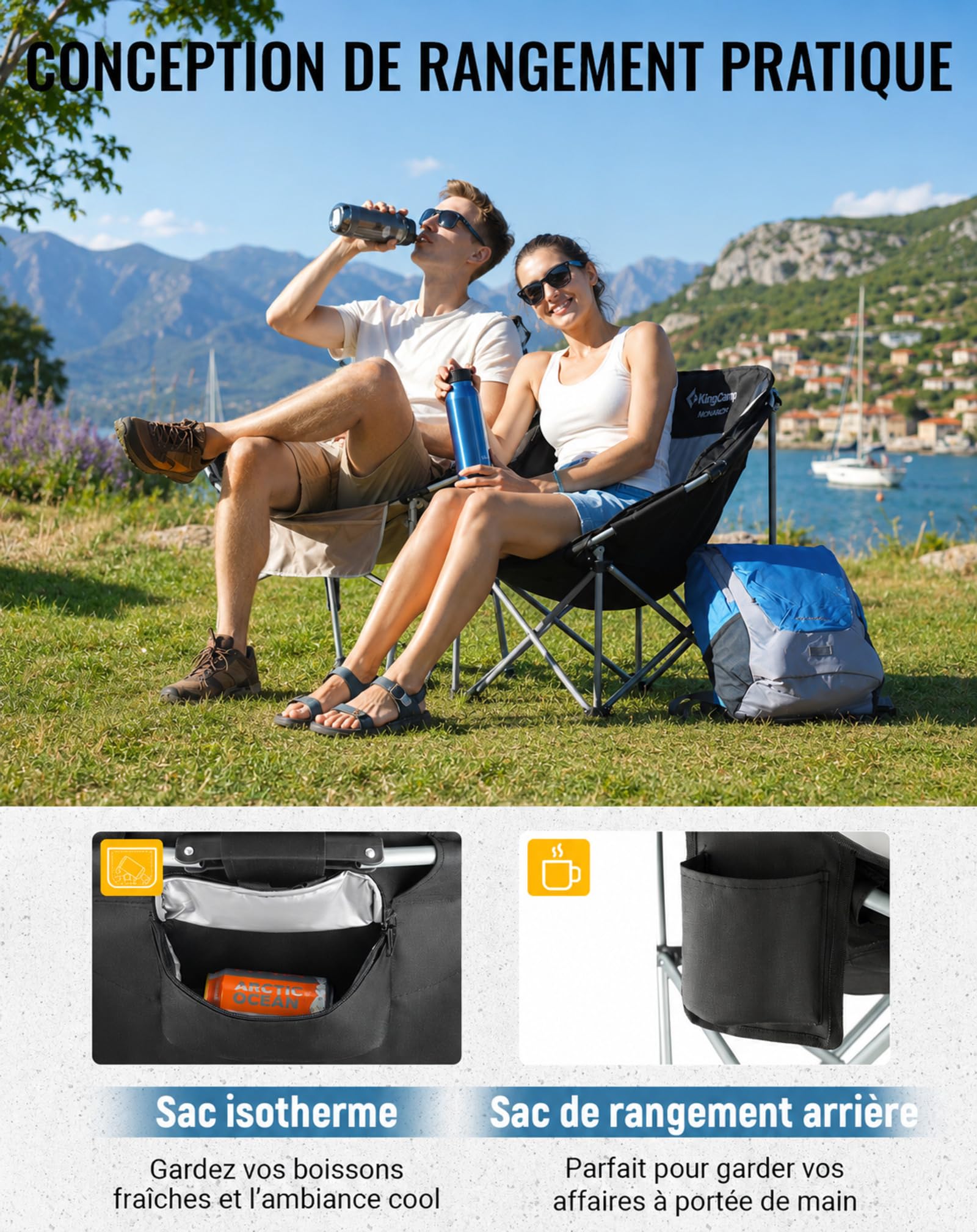 KingCamp Chaise de Camping Ronde Pliante Rembourrée jusqu'à 205 kg | Portable avec Sac Isotherme, Porte-Gobelet & Sac de Transport pour Camping, Jardin, Pêche Outdoor