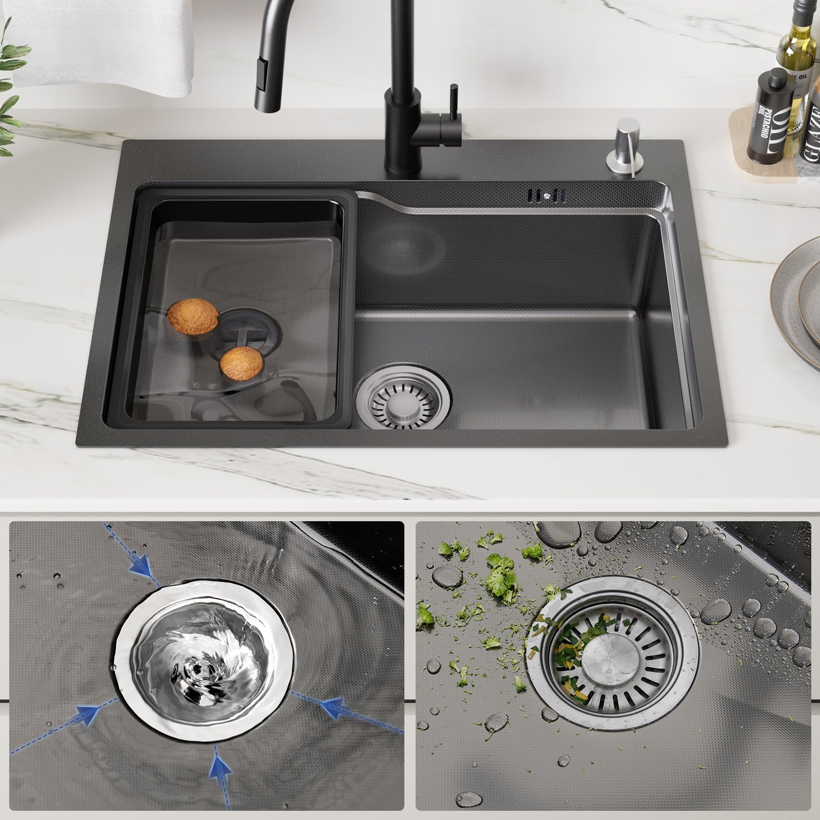 CECIPA Fregadero negro 68 × 48 cm de acero inoxidable, fregadero empotrable para encimeras a partir de 80 cm, con sifón, rebosadero y desagüe, con orificio para grifo | EVA - Fregadero de cocina con sifón y sistema de evacuación para armarios (70 cm) o má