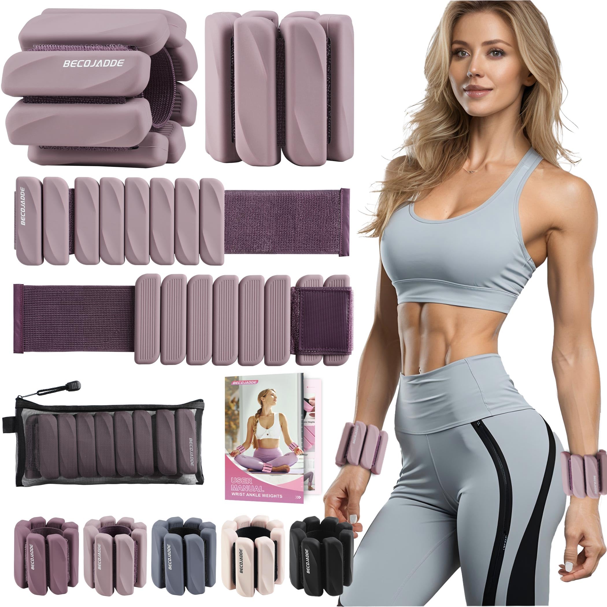 BECOJADDE Ankle Weights Set of 2(1 lb/2 lbs Each) for Women Men Adjustable Wrist Bracelet for Home Gym Weighted Bangles Wristbands Leg Arm Weights for Walking Swimming Running Pilates Yoga Gym