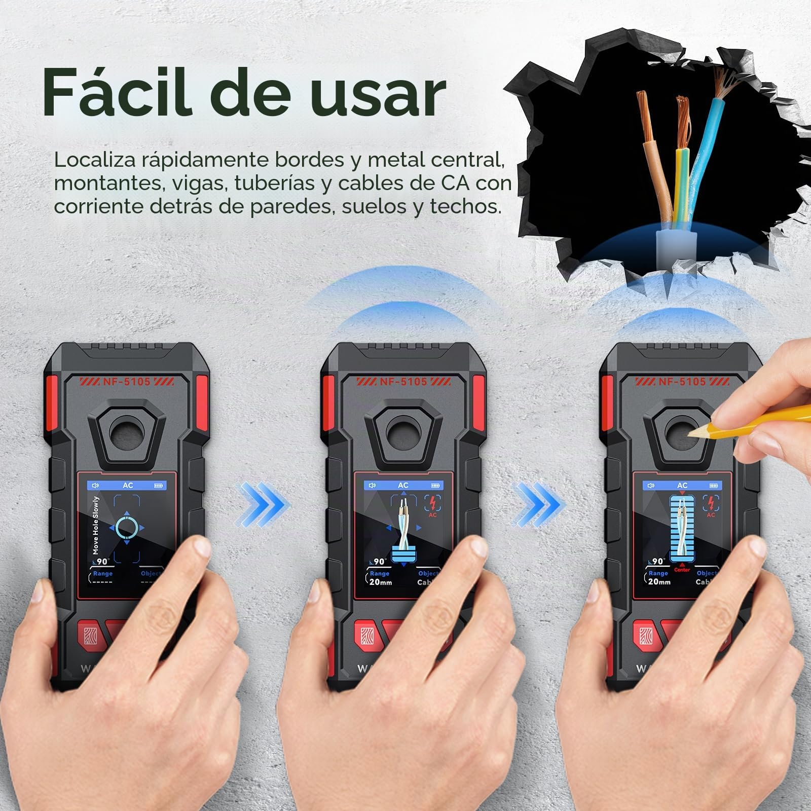 Buscador de pernos para paredes, escáner de pared recargable con chip inteligente mejorado para pernos de madera, metal, cables de CA, vigas, tuberías, compatible con pantalla LCD HD y voz